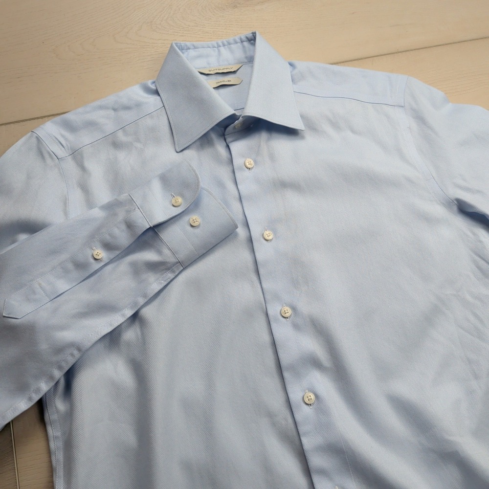 Suitsupply Traveller Light Blue Slim Fit Dress Shirt Mens 14.5 37 Micro Texture